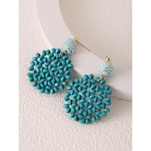 NEW Teal Wooden Beaded Drop Dangle Earrings Balls Vacation Resortwear Cruise - Picture 4 of 8